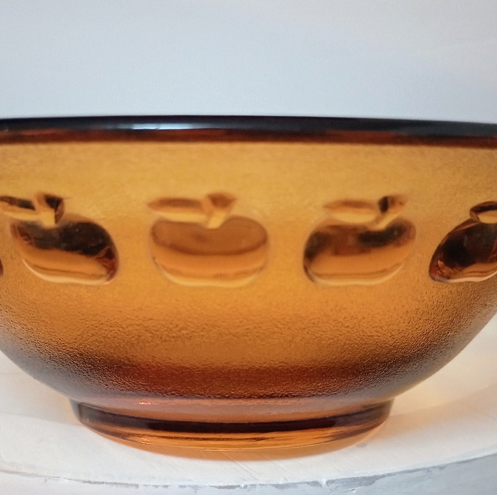 Vintage Amber Glass Bowl with Embossed Apple Design